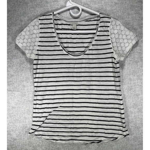 Hinge Women's Small Top Short Sleeve Scoop Neck Lace Sleeves Navy/White Striped - Picture 1 of 6
